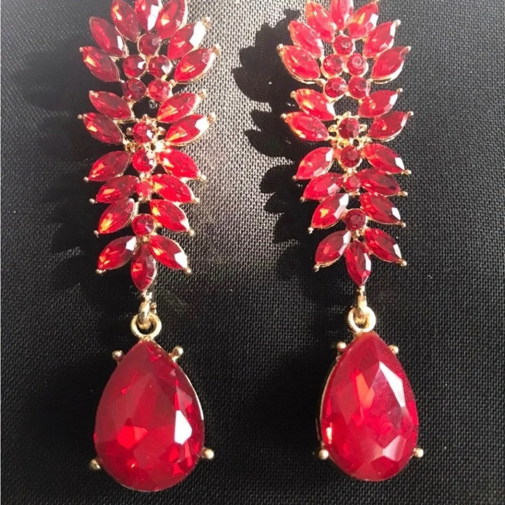 Red Crystal Drop Statement Earrings